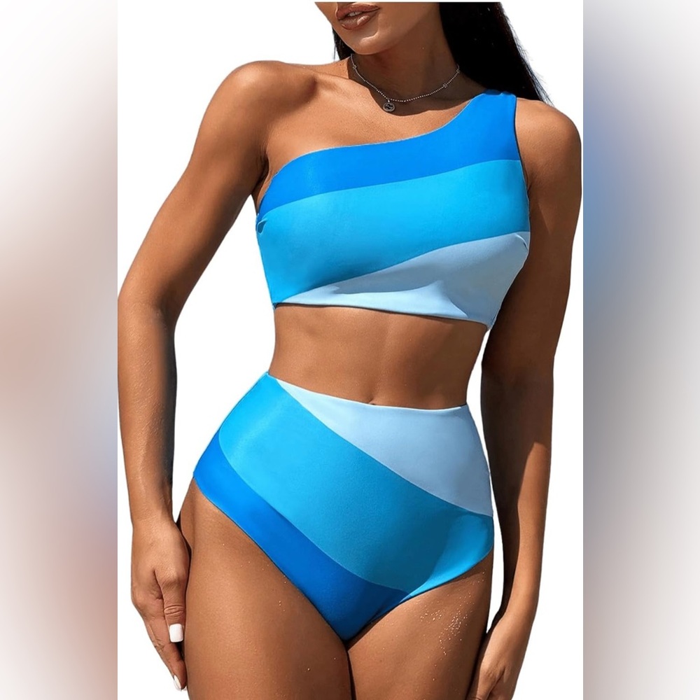 Women's Bikini 2 Piece Color Block One Shoulder High Waisted BathingSuit Size XL
